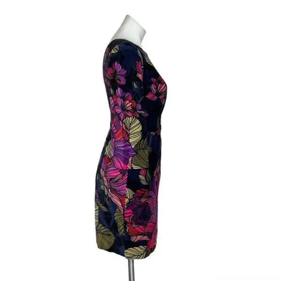 TRINA TURK Velveteen Dress Bold Floral Print Party Dress 3/4 Sleeve Size 0 - Picture 4 of 9